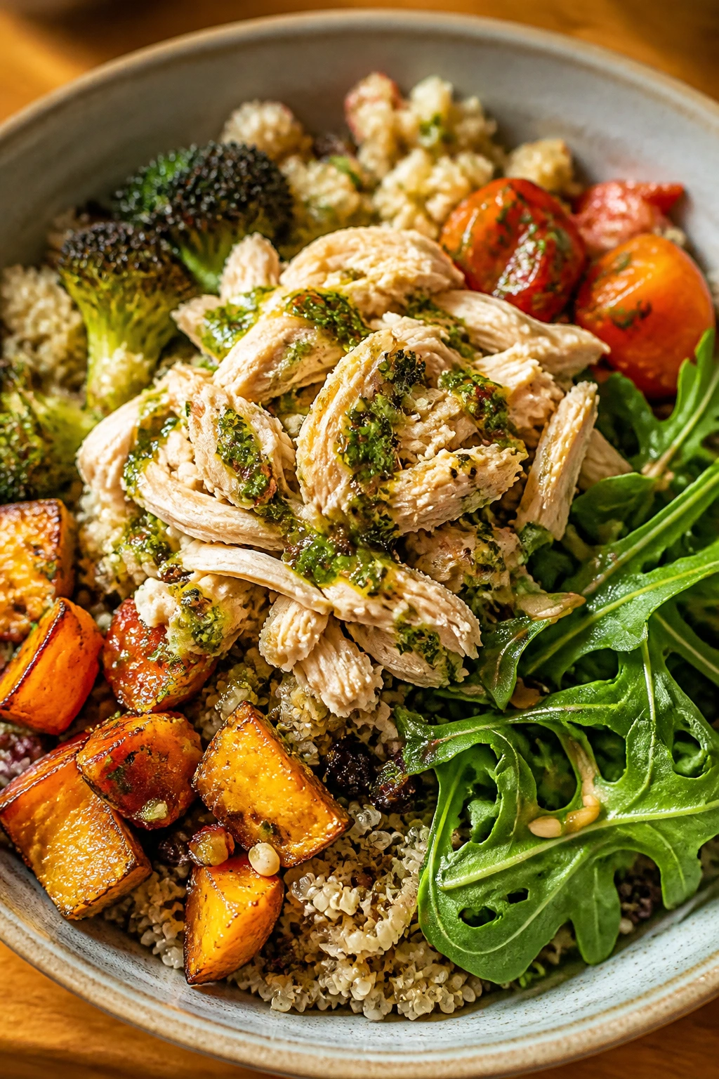 Grain bowl with chicken and vegetables, close-up
