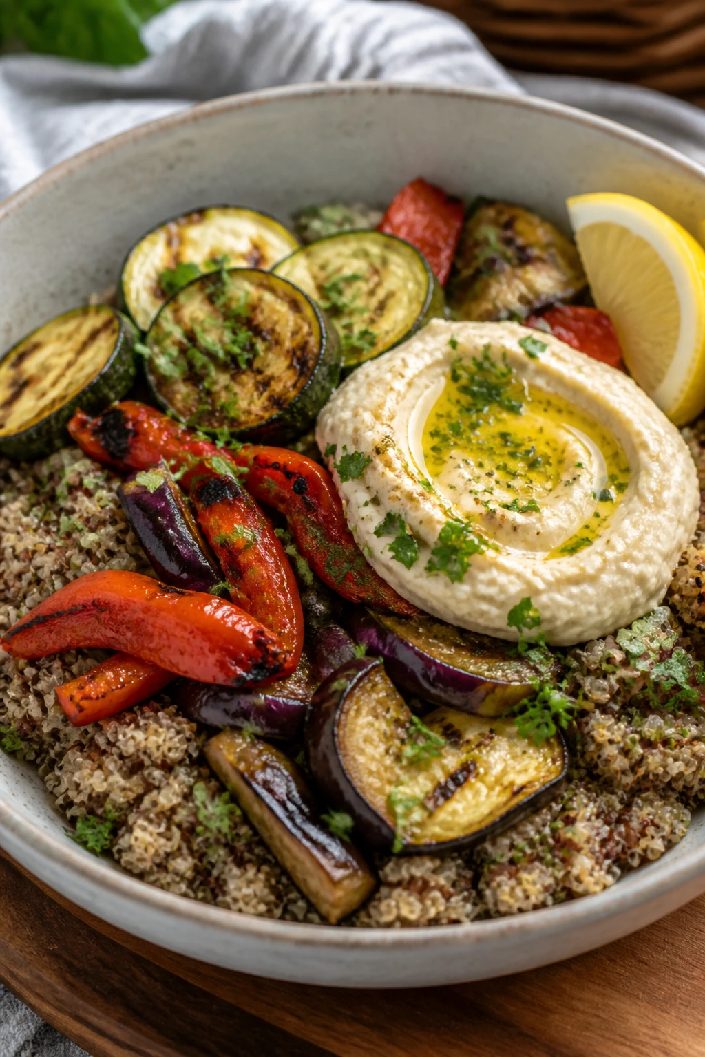 Vibrant grain bowl with grilled vegetables and hummus for a picnic dinner