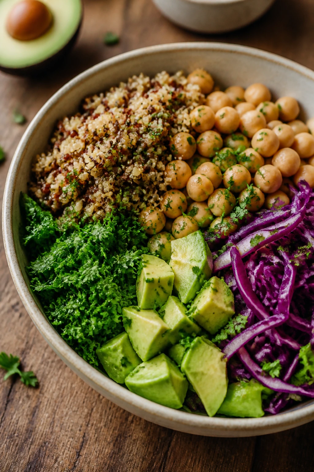 Colorful grain salad bowl with quinoa, chickpeas, cabbage, avocado on a wooden table