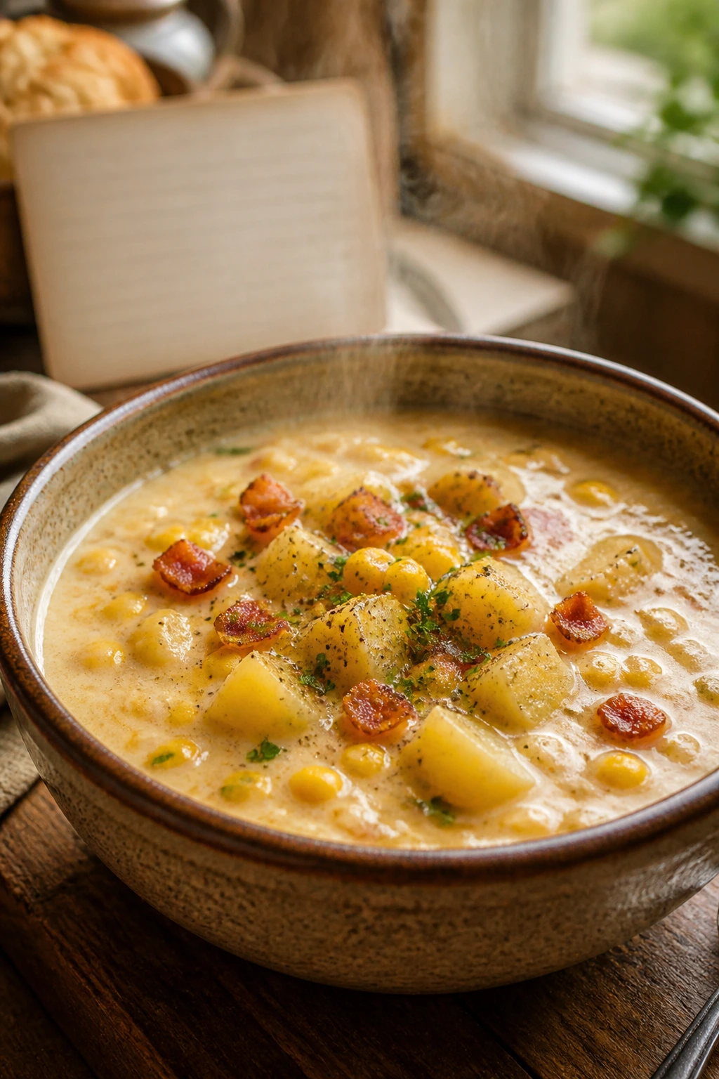 Corn chowder in a warm kitchen with a blank recipe card in the background