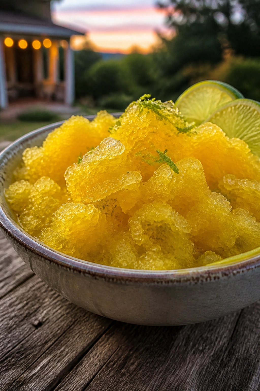 Close-up of mango granita in a bowl on a wooden table at twilight