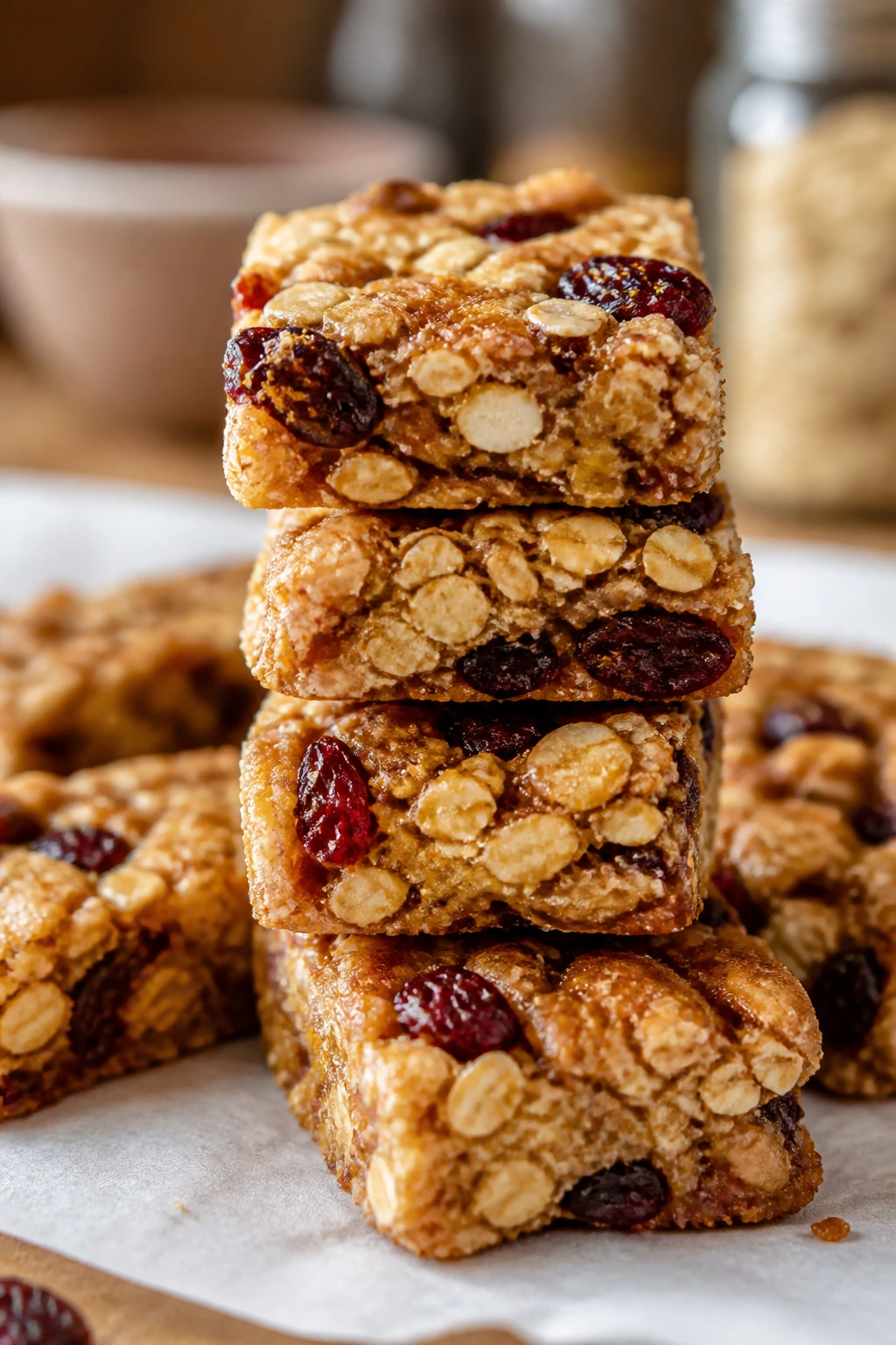 Close-up of homemade granola bars on parchment on a kitchen counter