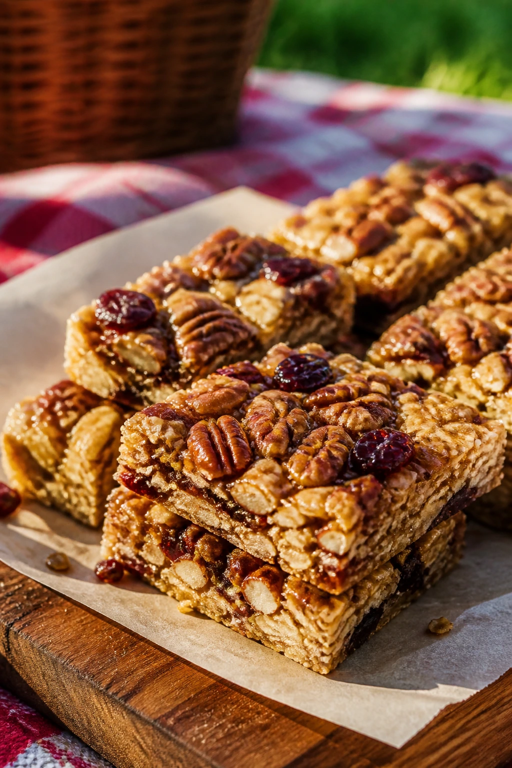 Granola bars with oats, pecans and cranberries on a wooden board outdoors