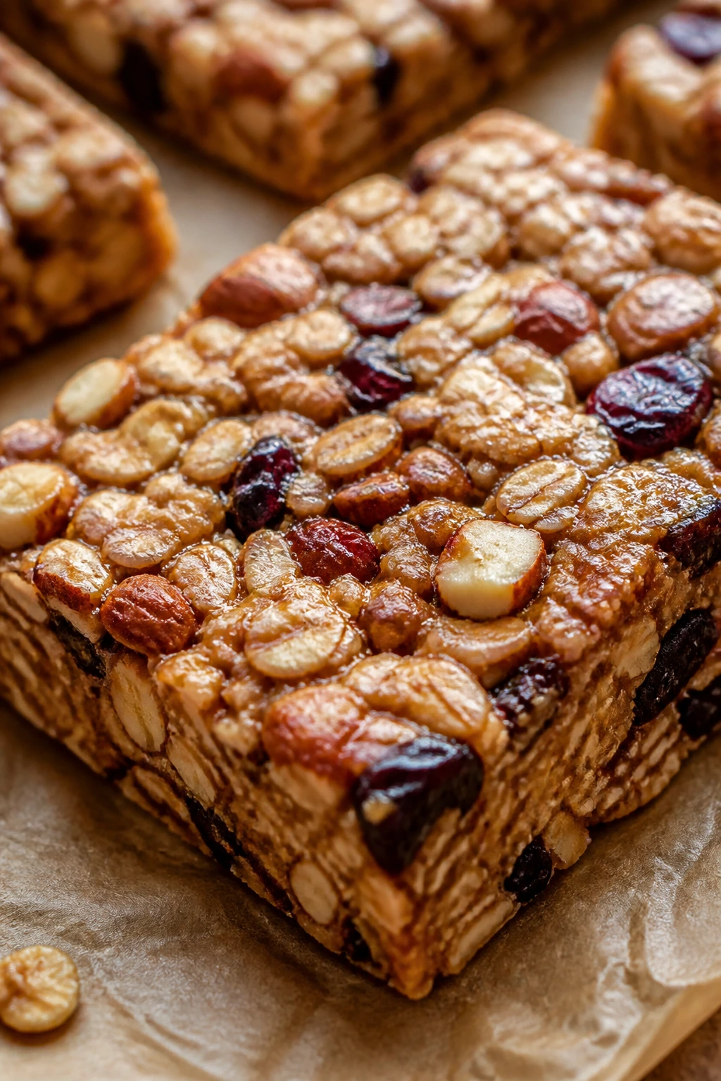 Close-up of a thick homemade granola bar on parchment in a warm kitchen.