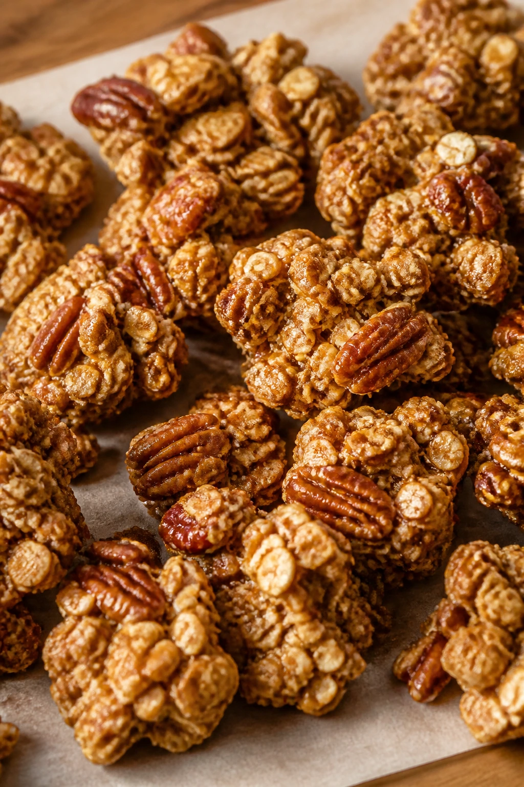Crisp maple pecan protein granola clusters on parchment
