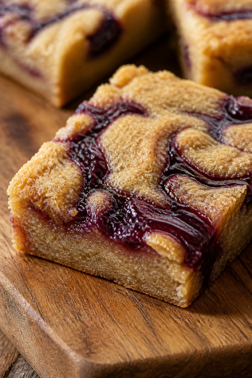 Close-up of a grape jelly swirled blondie on a wooden surface