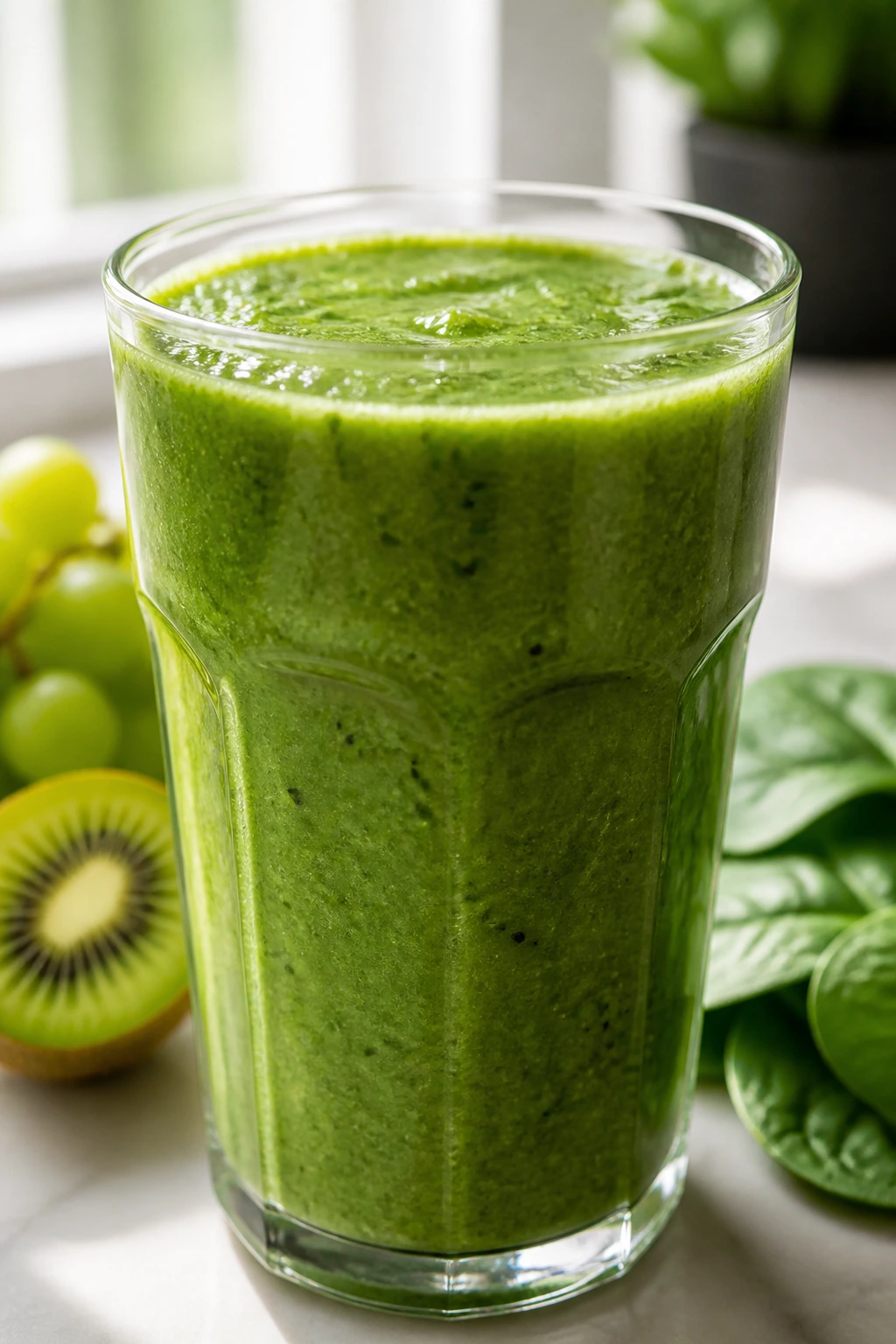 Close-up of green grape kiwi spinach smoothie in a glass on a bright counter