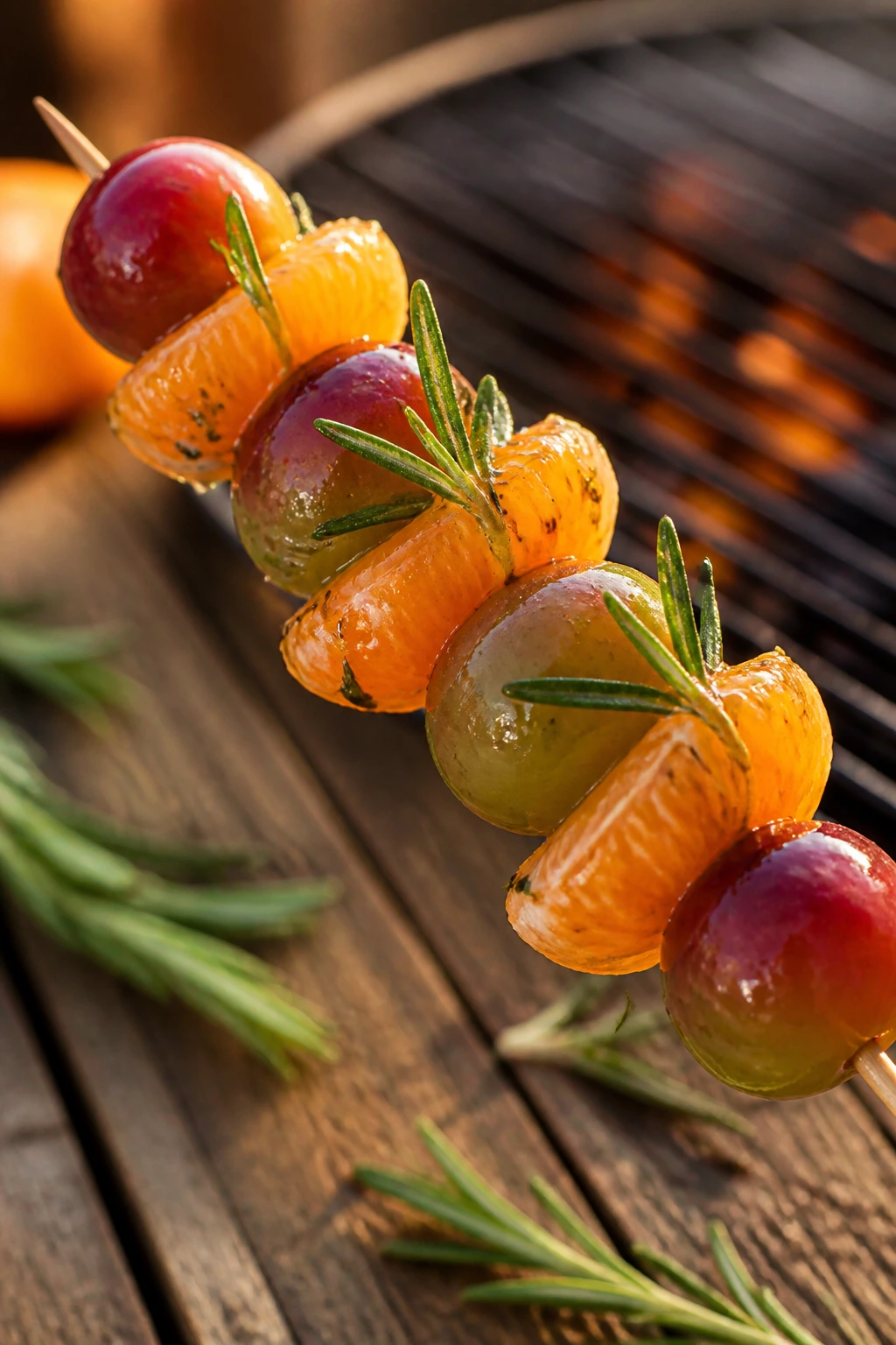 Close-up of Grape, Orange, and Rosemary Kebabs on a wooden board outdoors