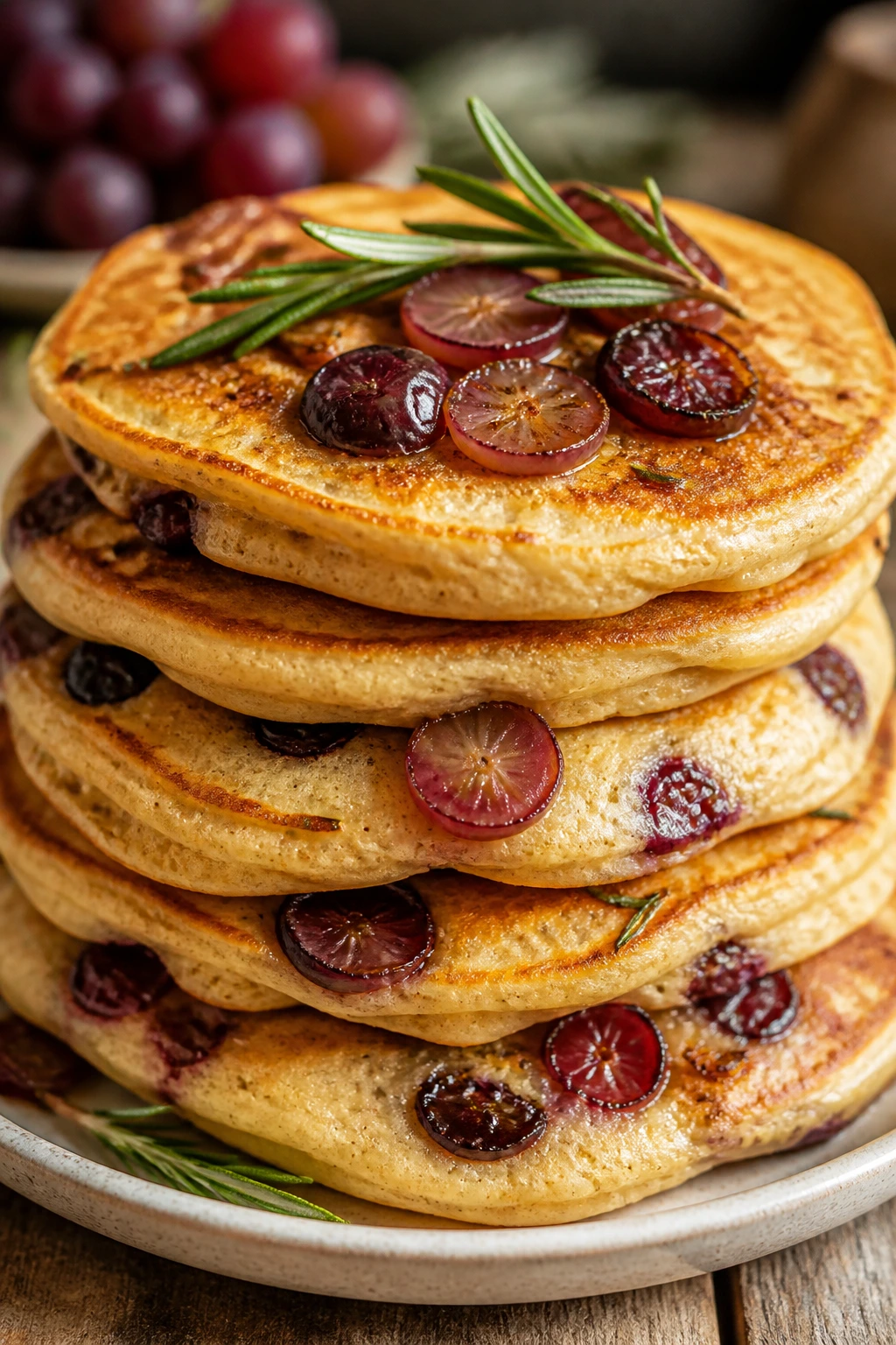 Close-up of Grape Rosemary Pancakes with grapes and rosemary on a rustic plate