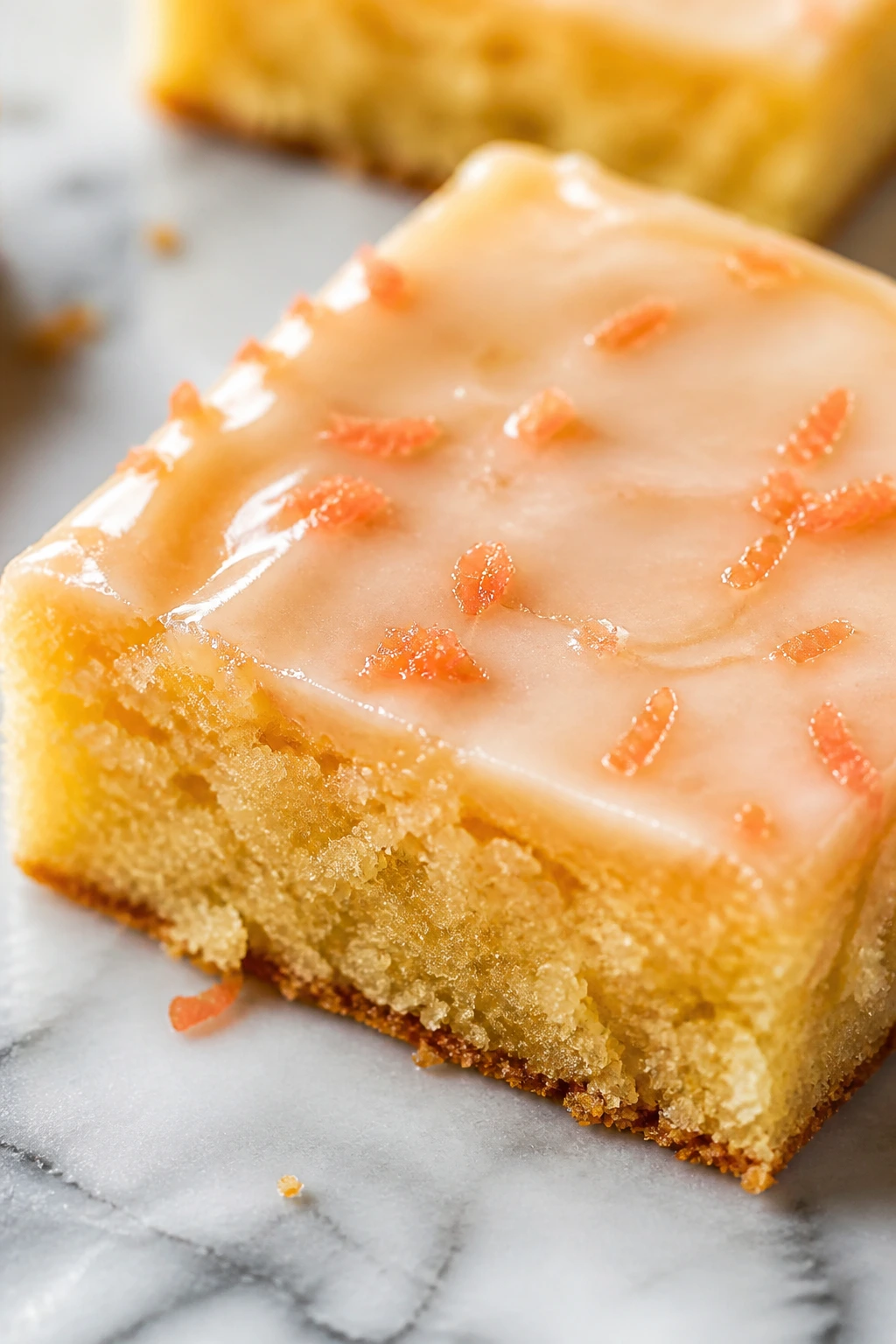 Close-up of a grapefruit almond bar square with pale glaze on a marble surface