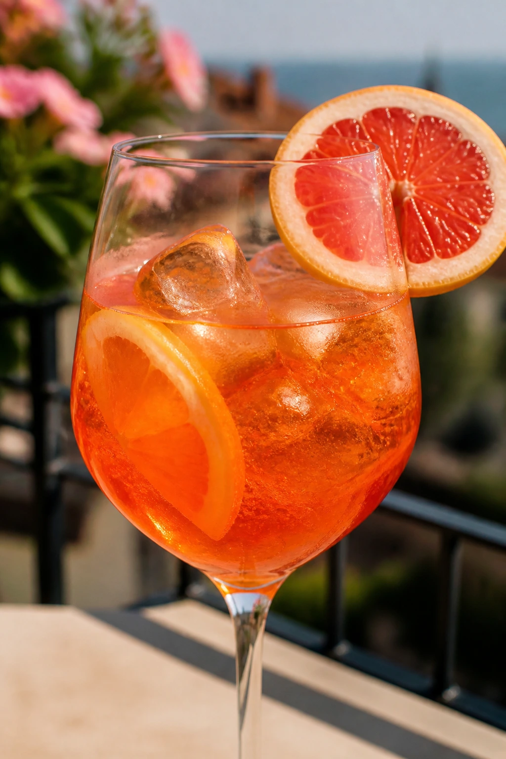 Close-up of Grapefruit Aperol Spritz in a wine glass with a grapefruit wheel