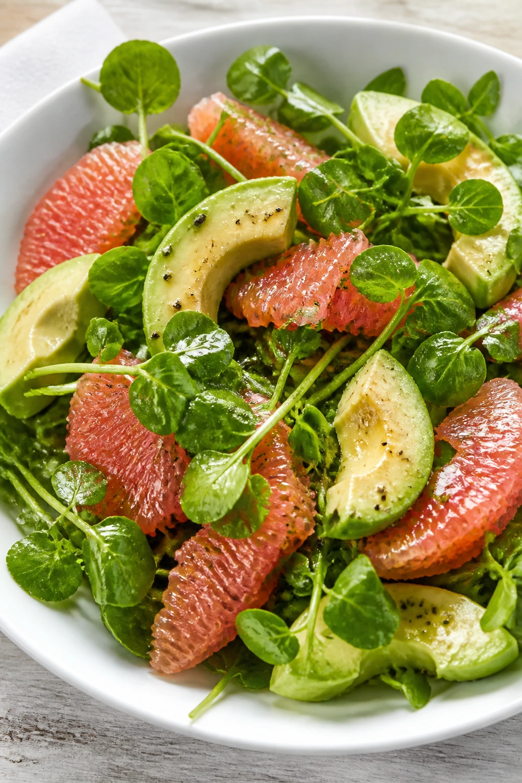 Grapefruit, avocado and watercress salad in a bright setting