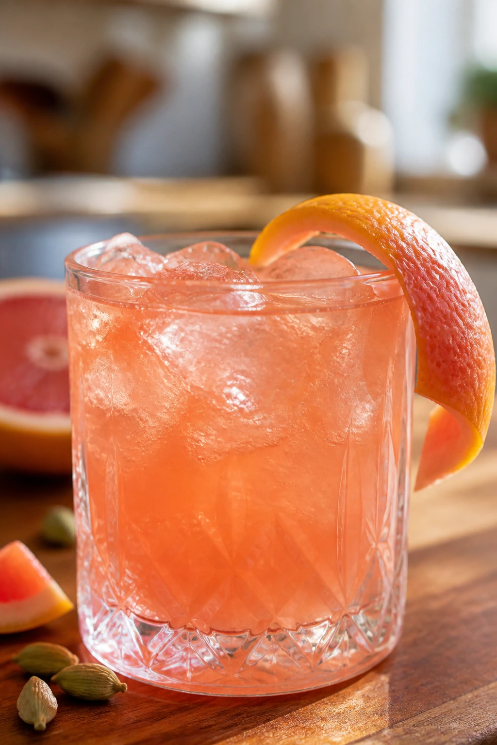 Close-up of grapefruit-cardamom rum punch in a glass on a wooden counter