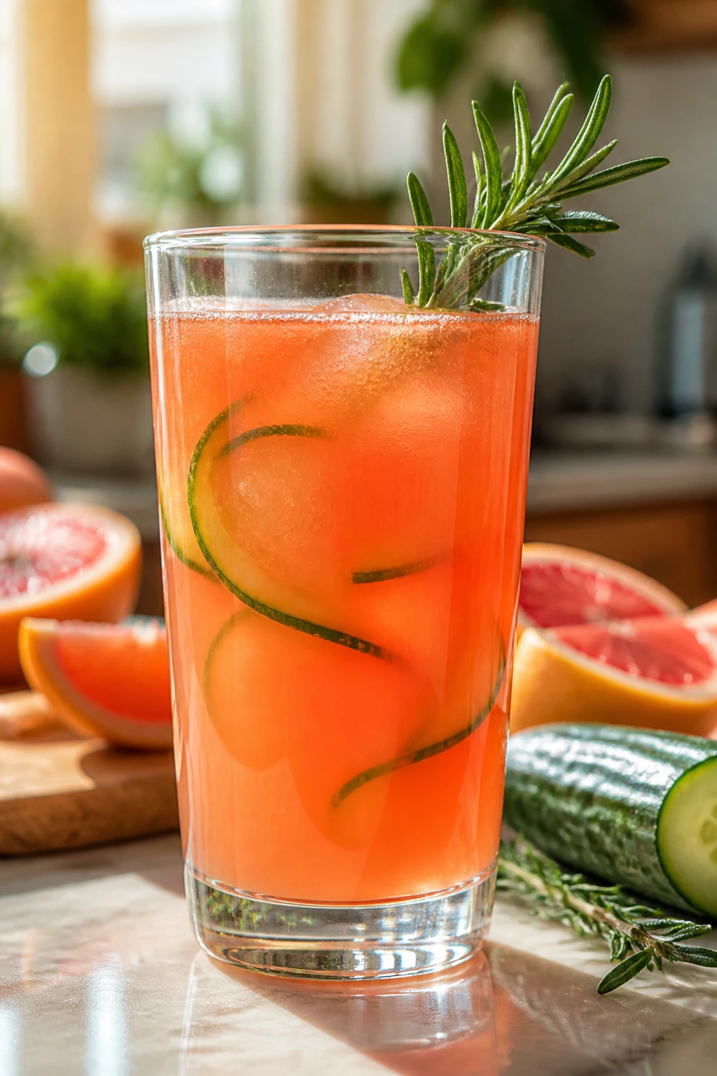 Close-up of grapefruit cucumber rosemary juice in a glass on a kitchen counter