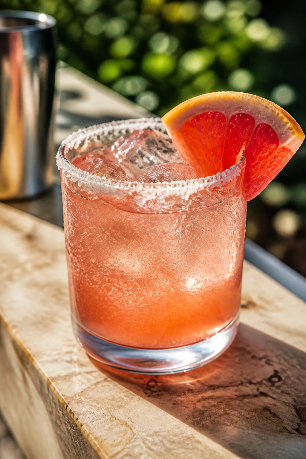 Close-up of grapefruit hibiscus paloma in salted-rim glass outdoors