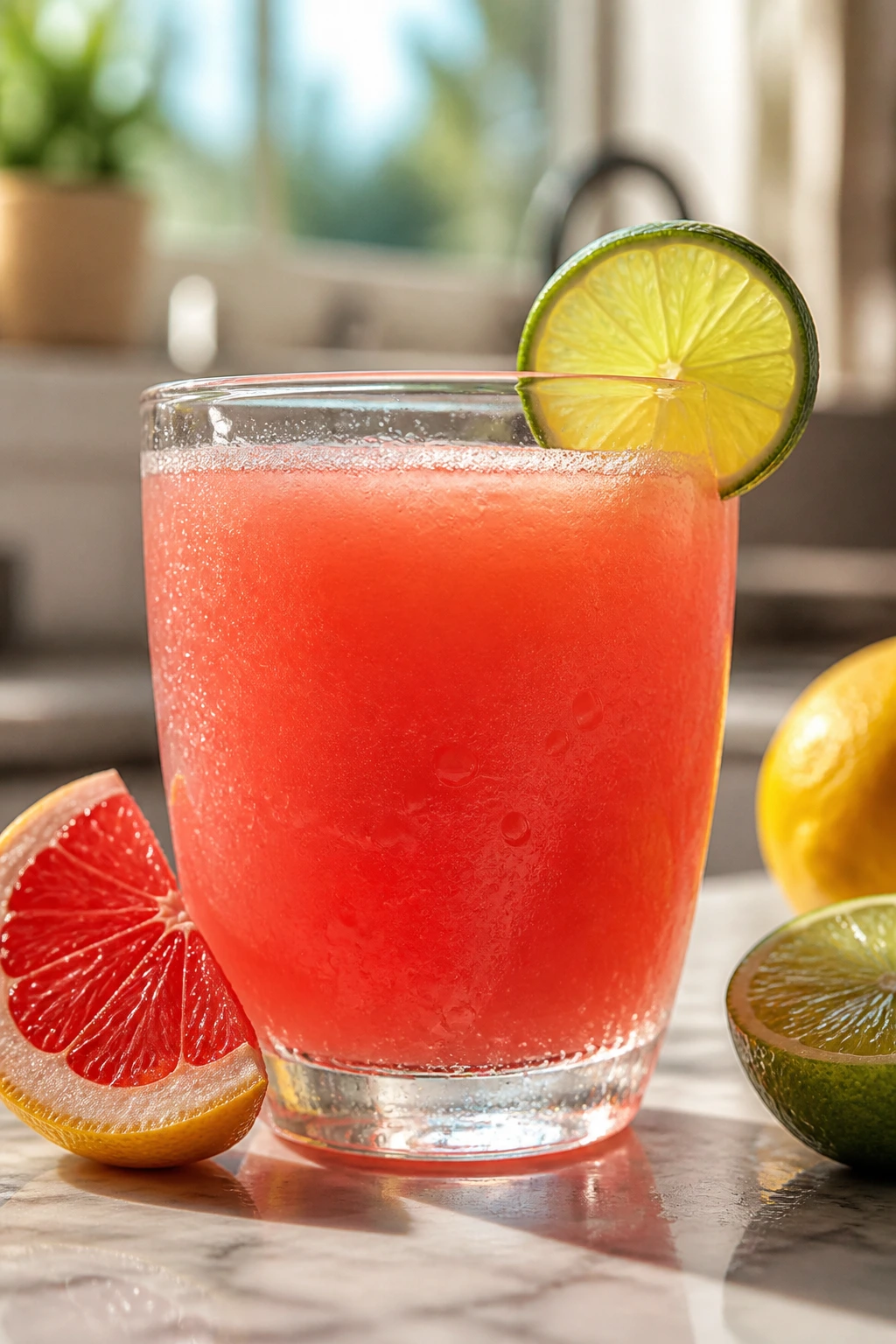 Glass of grapefruit lime juice in a bright kitchen