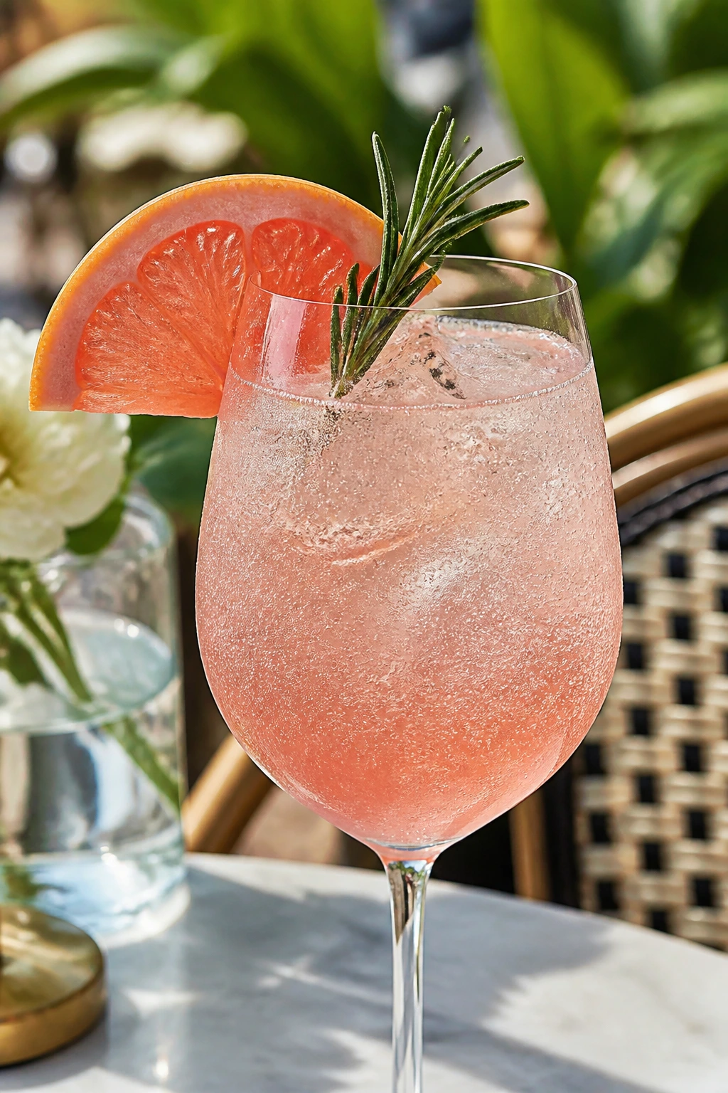 Close-up of Grapefruit Lychee Spritz in a stemmed glass