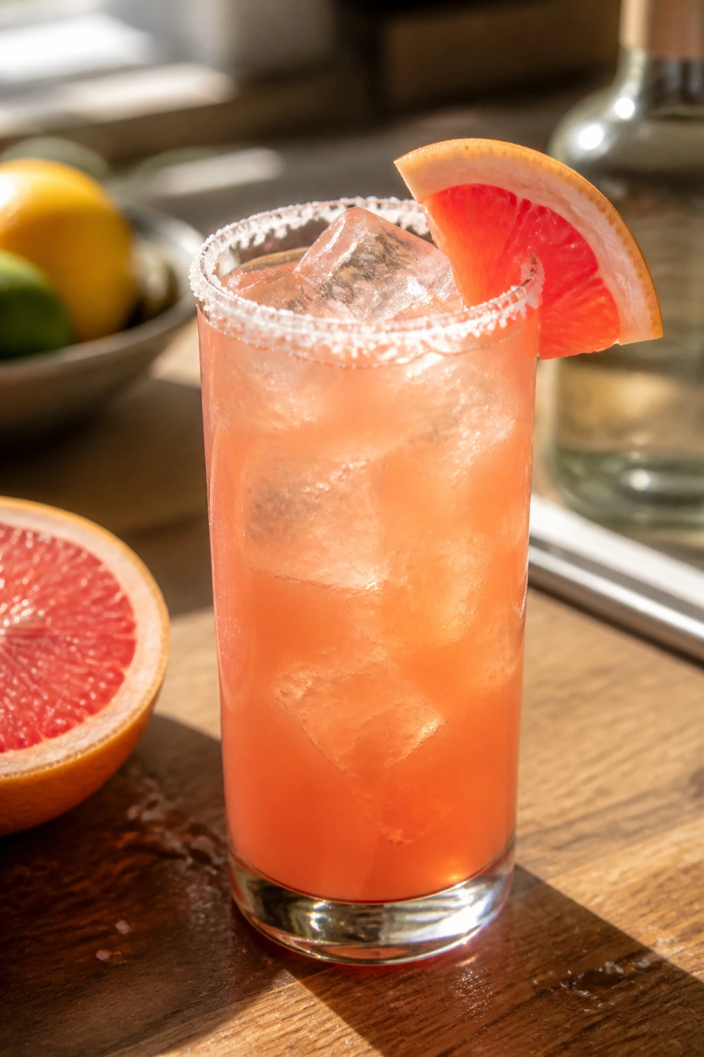 Close-up of Grapefruit Paloma in a tall highball glass with ice and salt rim