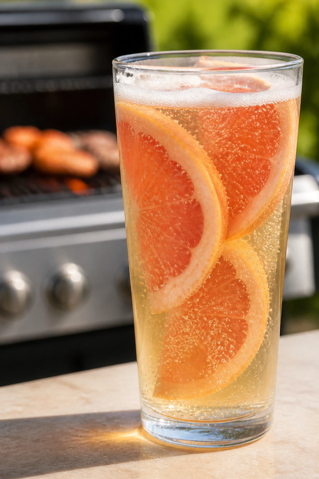 Tall glass of grapefruit radler with grapefruit slices on a grill-side table