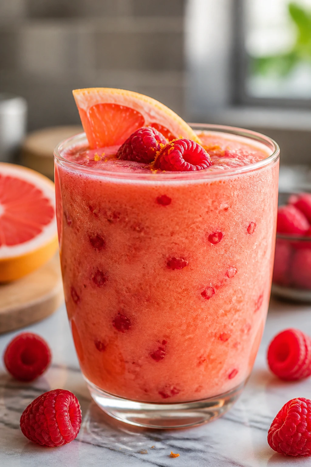 Close-up of Grapefruit Raspberry Smoothie with raspberry inside and grapefruit zest