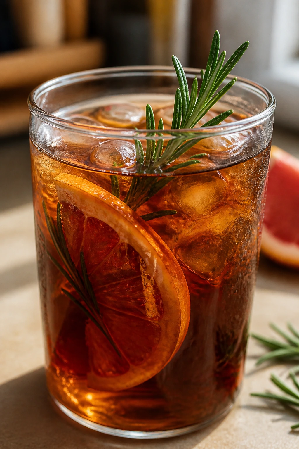 Amber black tea with rosemary and grapefruit in a glass