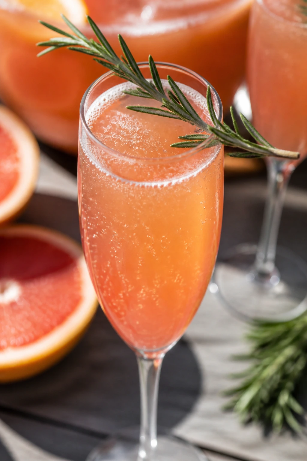 Champagne flute with grapefruit juice and rosemary garnish