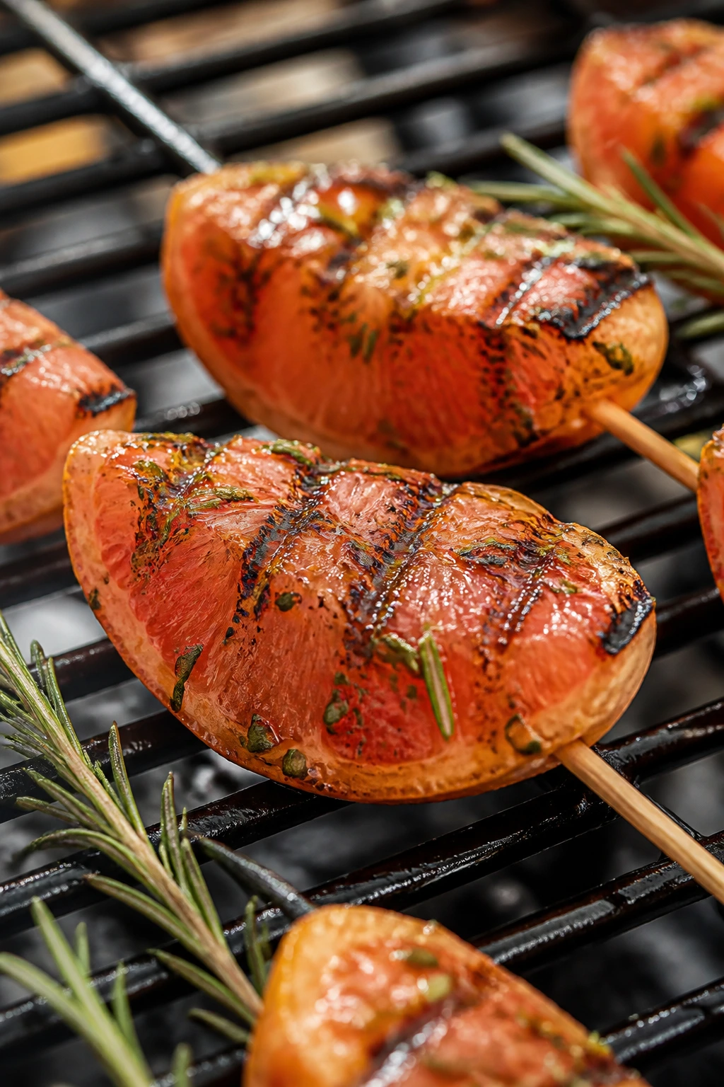 Grapefruit skewers with honey and rosemary grilled outdoors