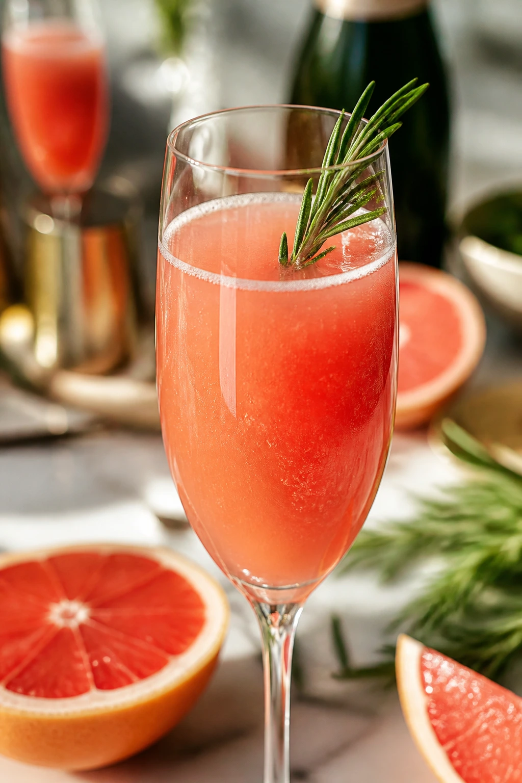Grapefruit rosemary mimosa with rosemary garnish