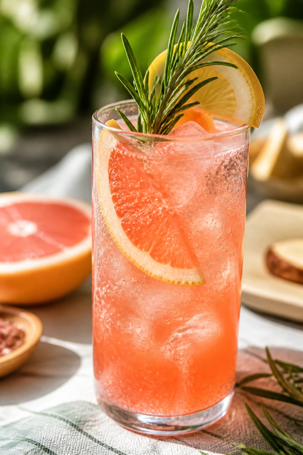Grapefruit rosemary spritz with rosemary and lemon on a sunny outdoor table