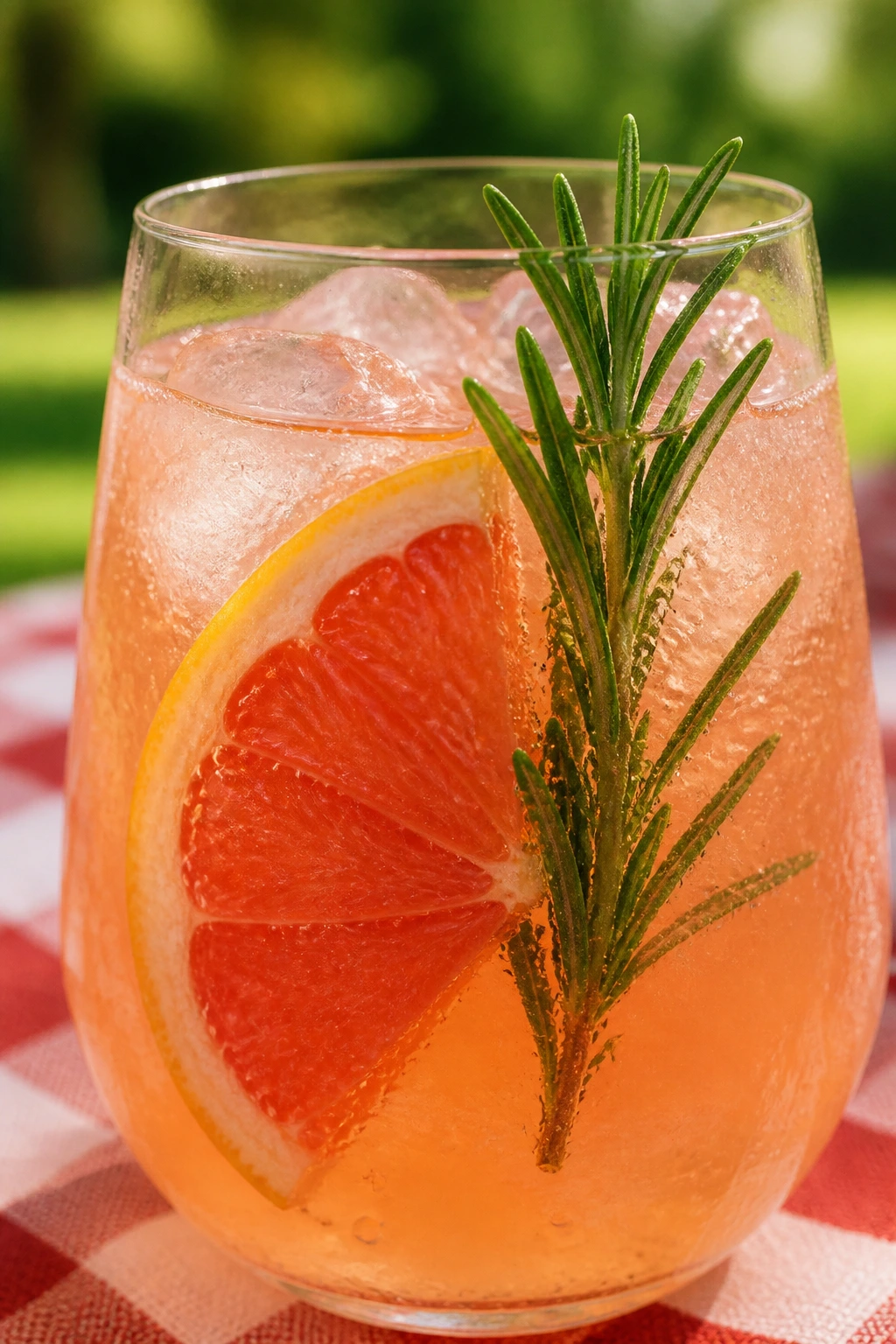 Glass of grapefruit rosemary spritz on a sunny picnic table with rosemary sprig