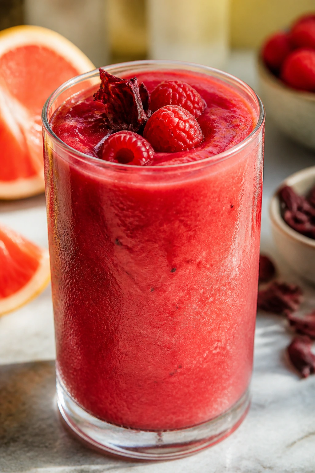 Close-up of a grapefruit hibiscus smoothie in a glass on a sunlit kitchen counter