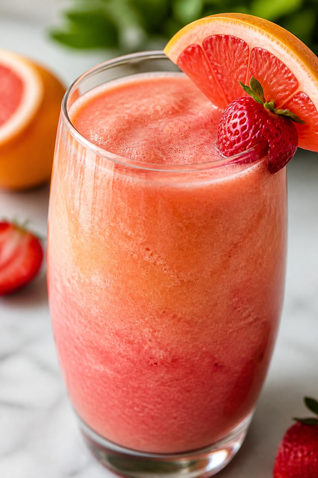 Close-up of a pink-orange grapefruit-strawberry sunrise smoothie in a glass
