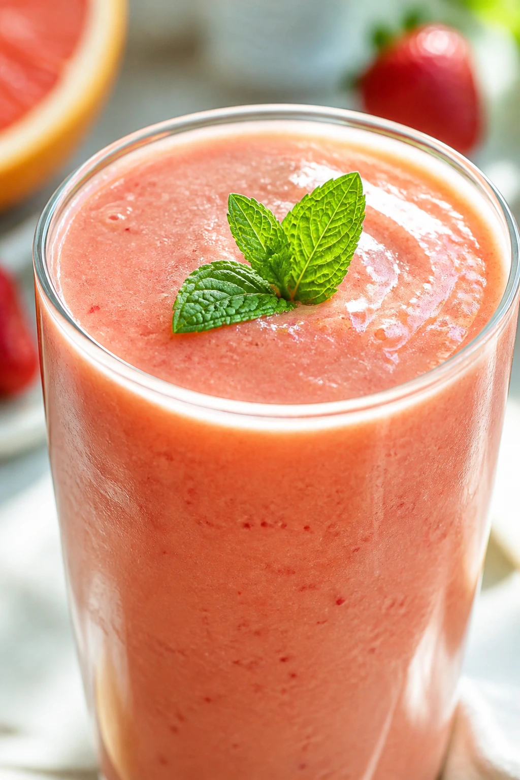 Close-up of grapefruit strawberry smoothie in glass with mint garnish
