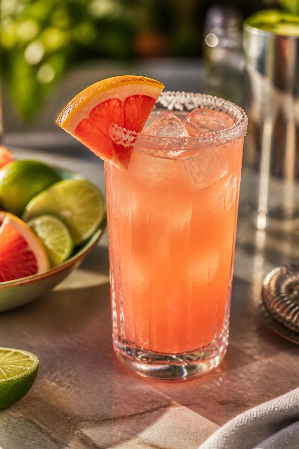Close-up of Grapefruit Paloma in a highball glass with salt rim and grapefruit slice