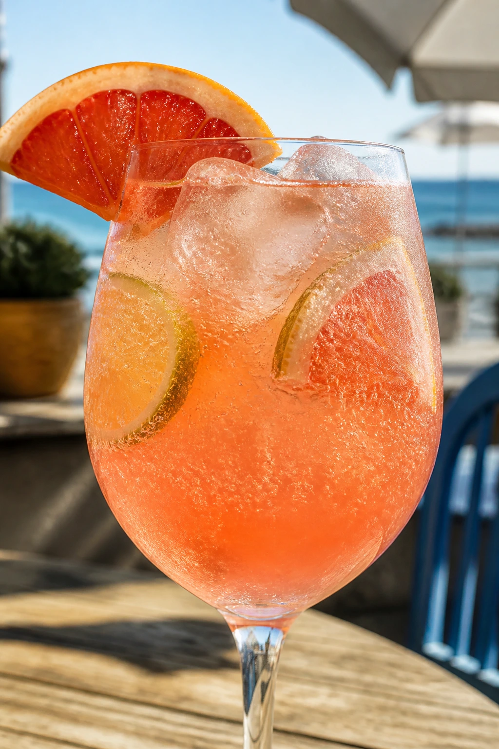 Close-up of Grapefruit Tequila Spritz in a wine glass with grapefruit slice