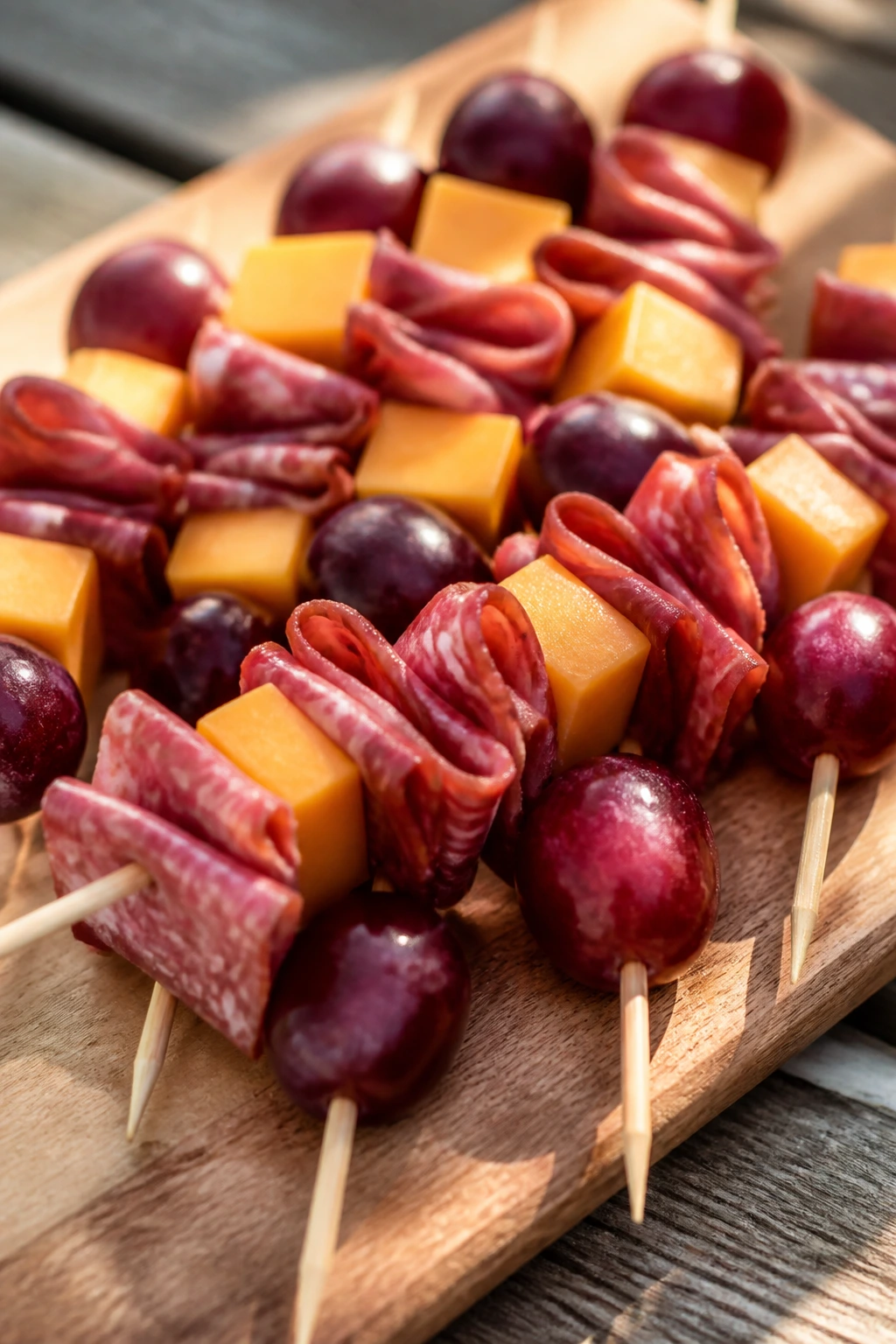 Skewers of grapes, cheddar, and salami on a wooden board