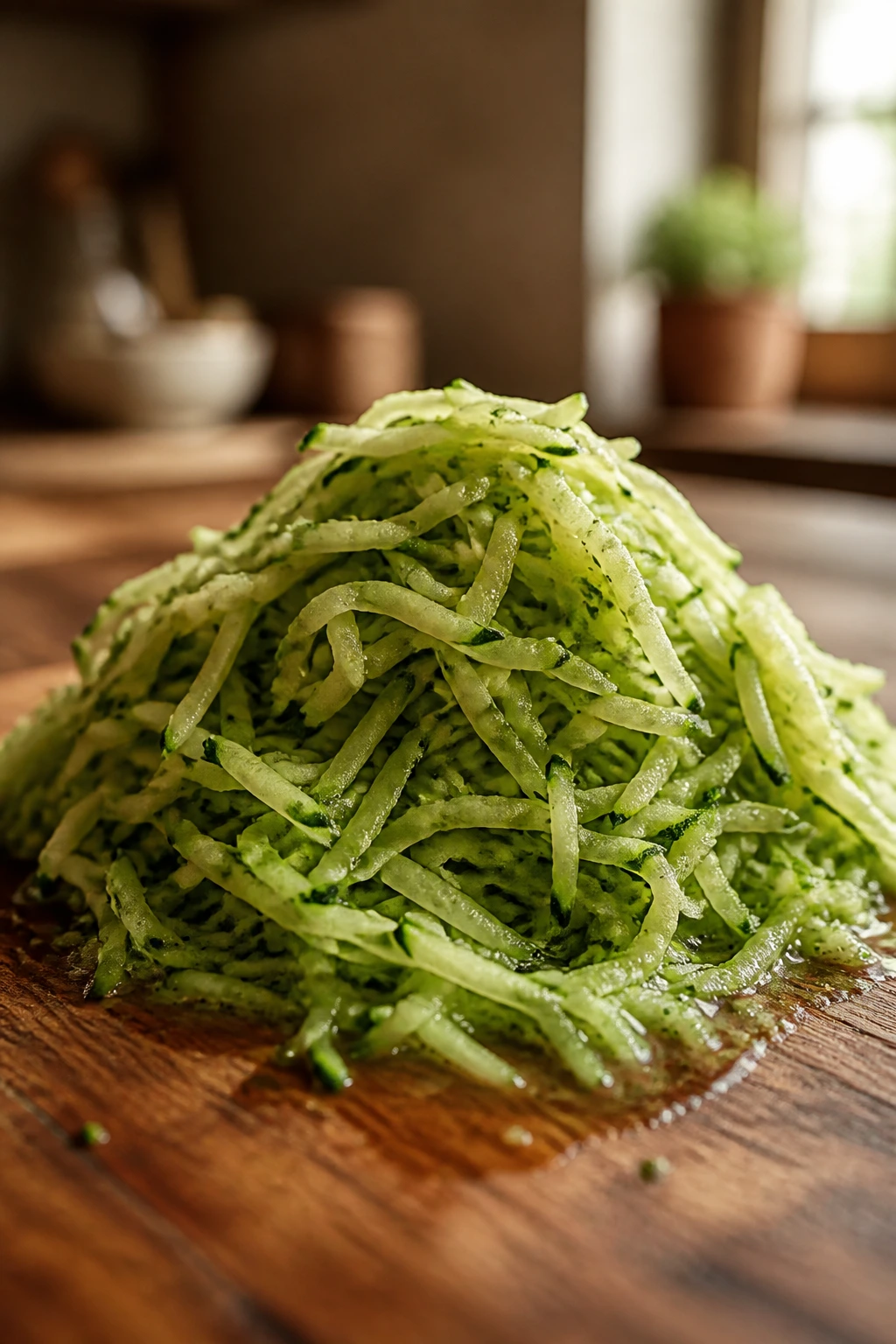 Mounded grated zucchini showing moisture