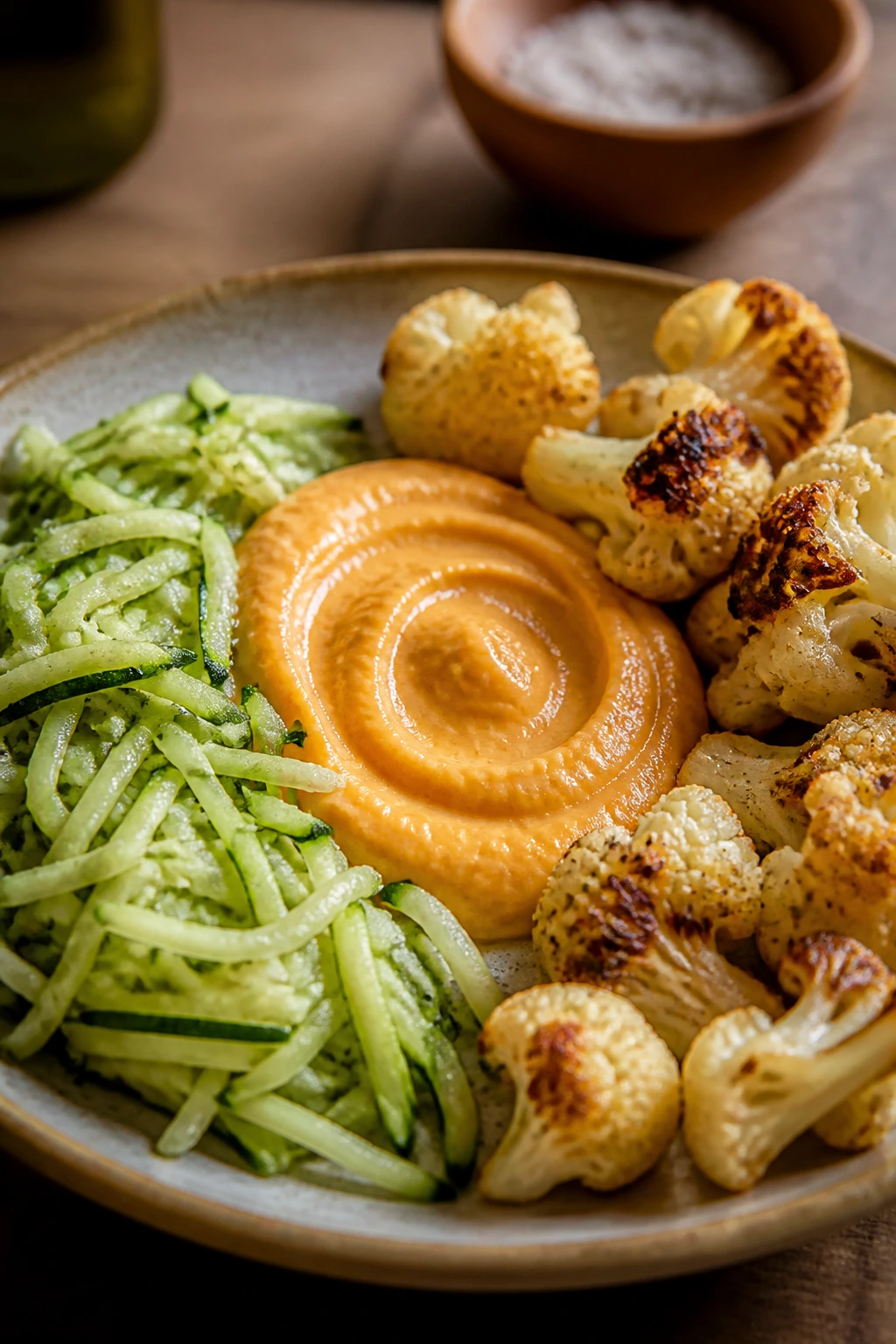 Vegetables prepared by grating, blending, and roasting presented on plate