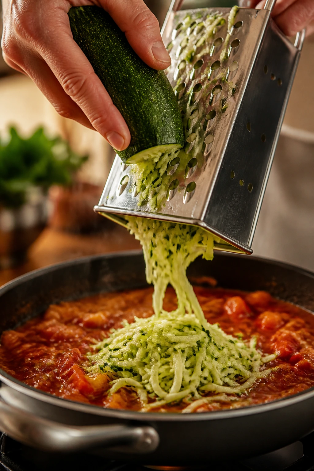 Hand grating zucchini over a pan with vegetables blending into sauce