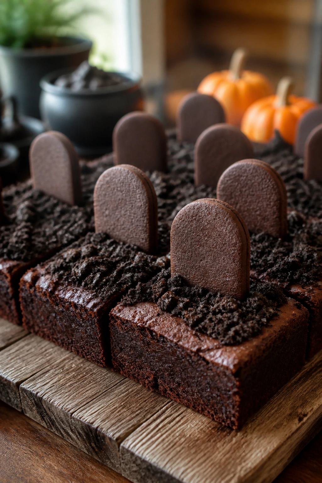 Close-up of fudgy graveyard brownie with cookie soil and tombstones on a kitchen board