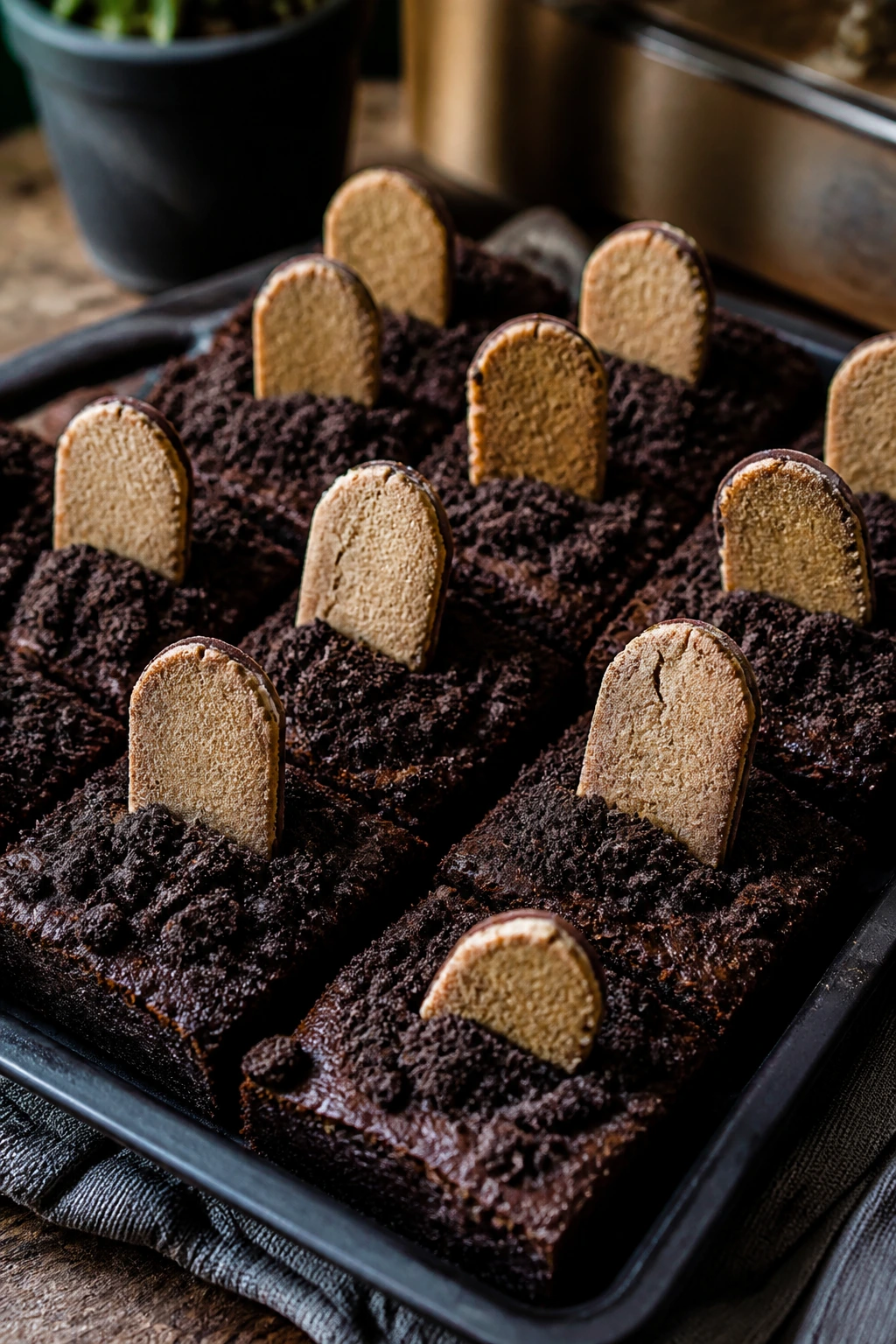 Close-up of a dark tray with fudgy graveyard brownies, cookie dirt, and tombstones on a rustic counter