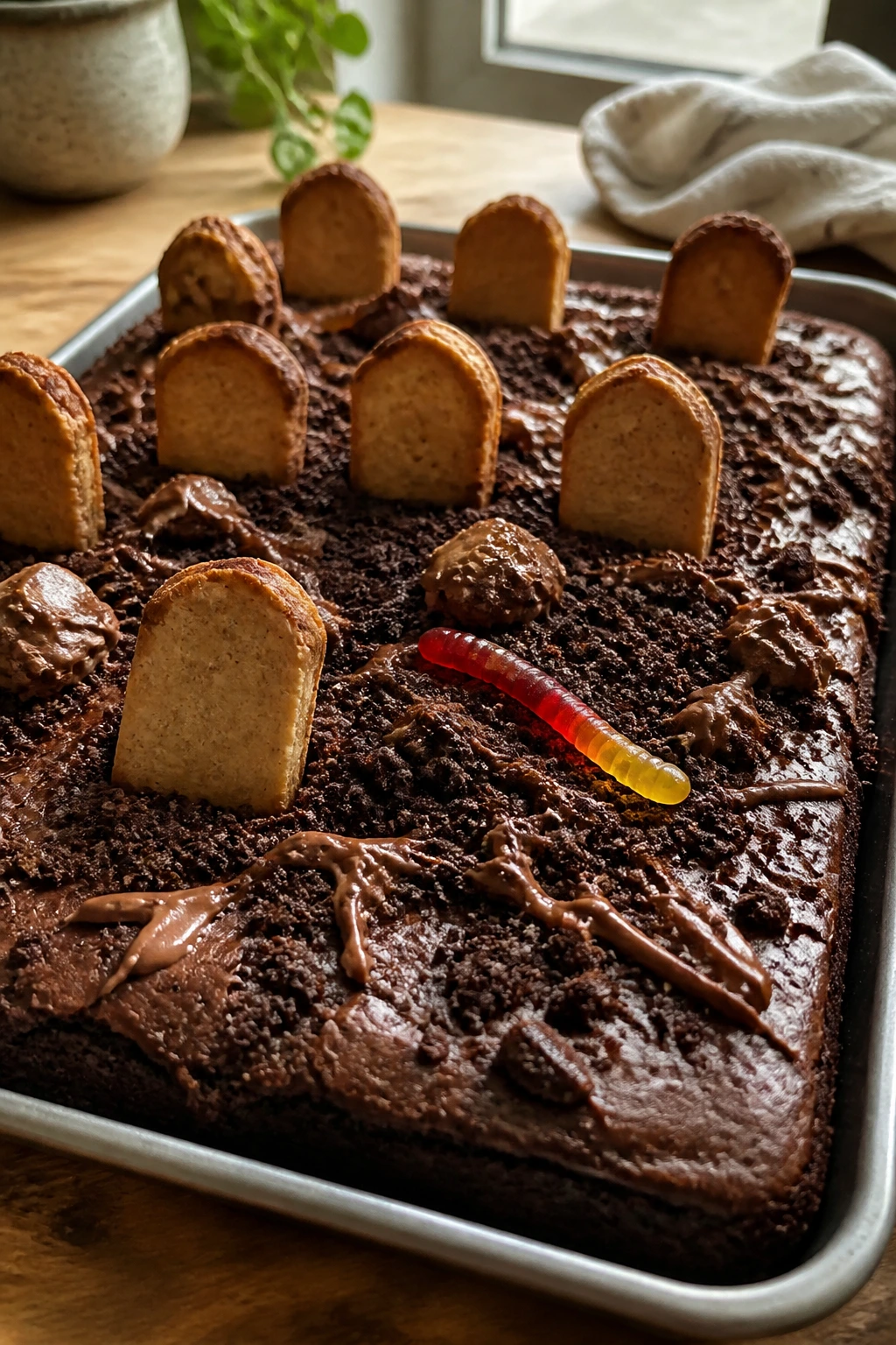 Close-up of a tray of fudgy graveyard brownies with crooked tombstones and a gummy worm on a kitchen counter