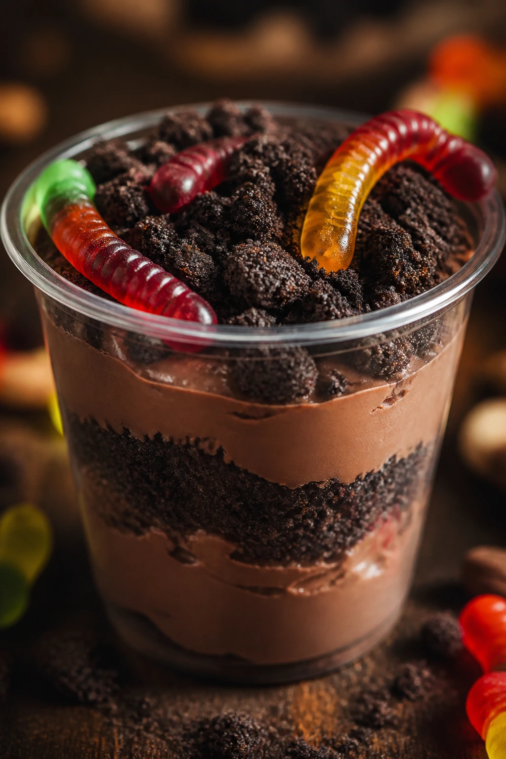 Chocolate pudding dirt cup with cookie crumbs and gummy worm on top