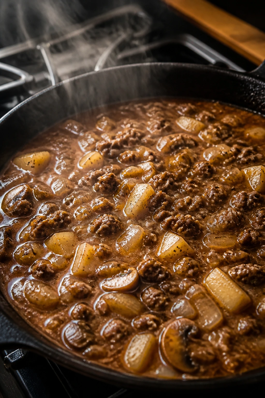 Glossy beef gravy in a pan with chunks of beef and vegetables