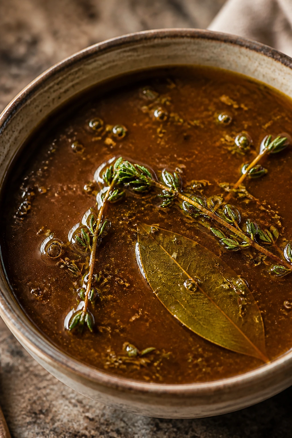 Glossy beef gravy with thyme and bay leaf in a bowl