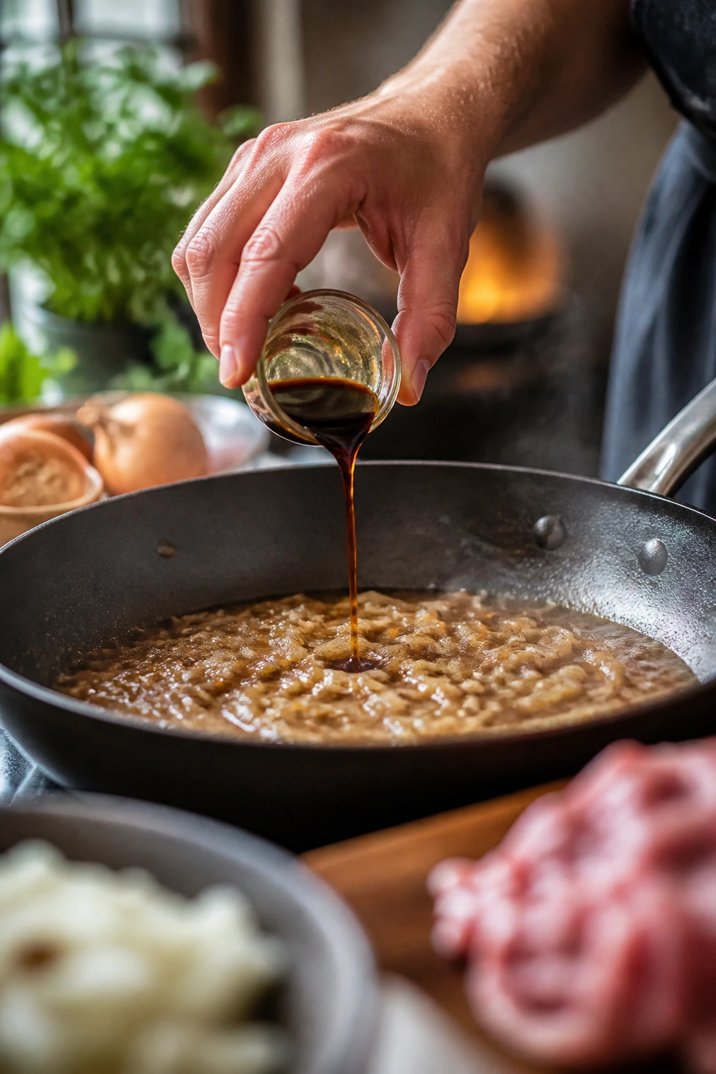 Cook pouring soy sauce into gravy in a skillet