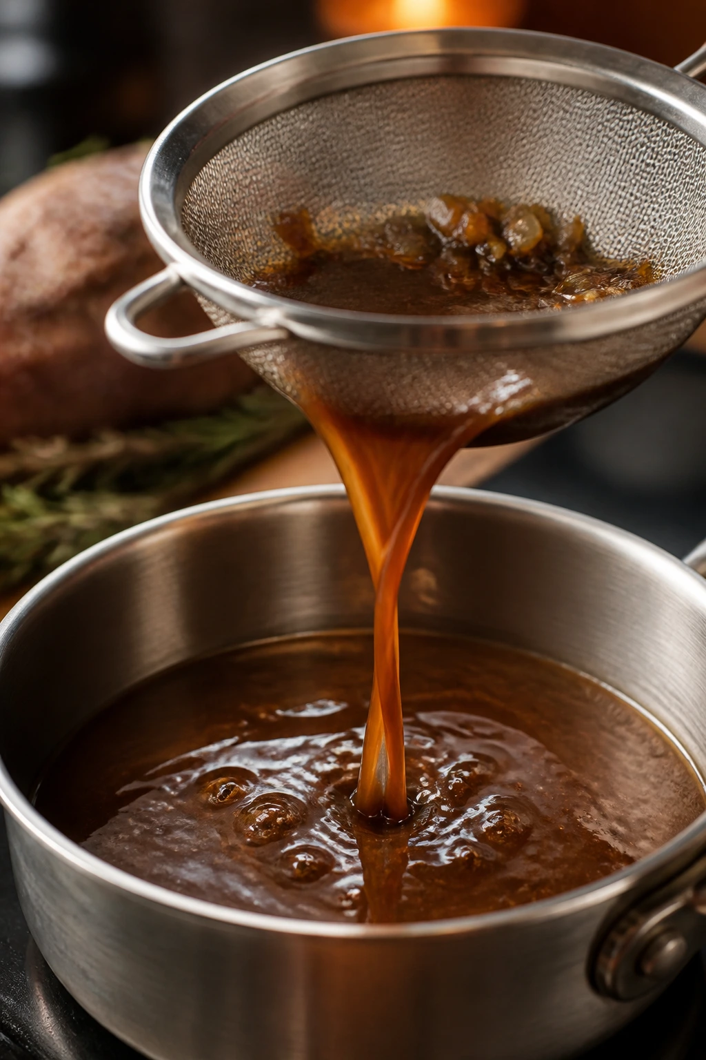 Glossy gravy being strained into a saucepan from braising liquid
