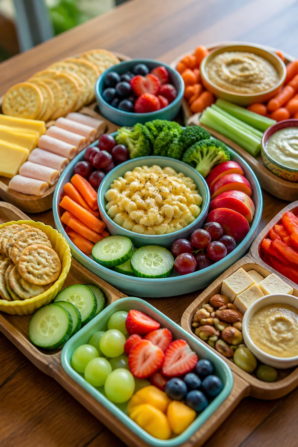Close-up of a colorful grazing lunch board for kids showing variations