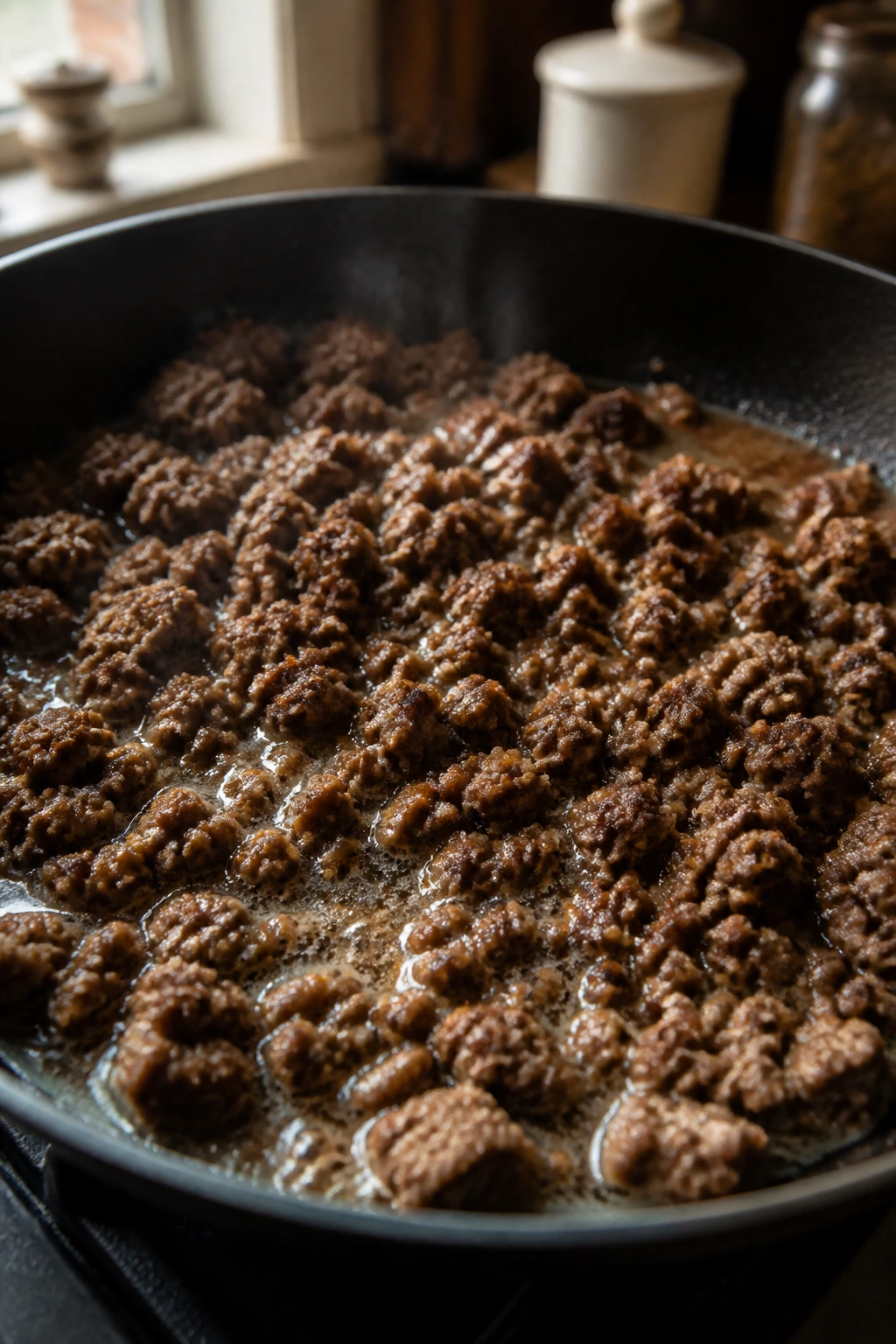 Skillet with greasy unevenly browned ground beef