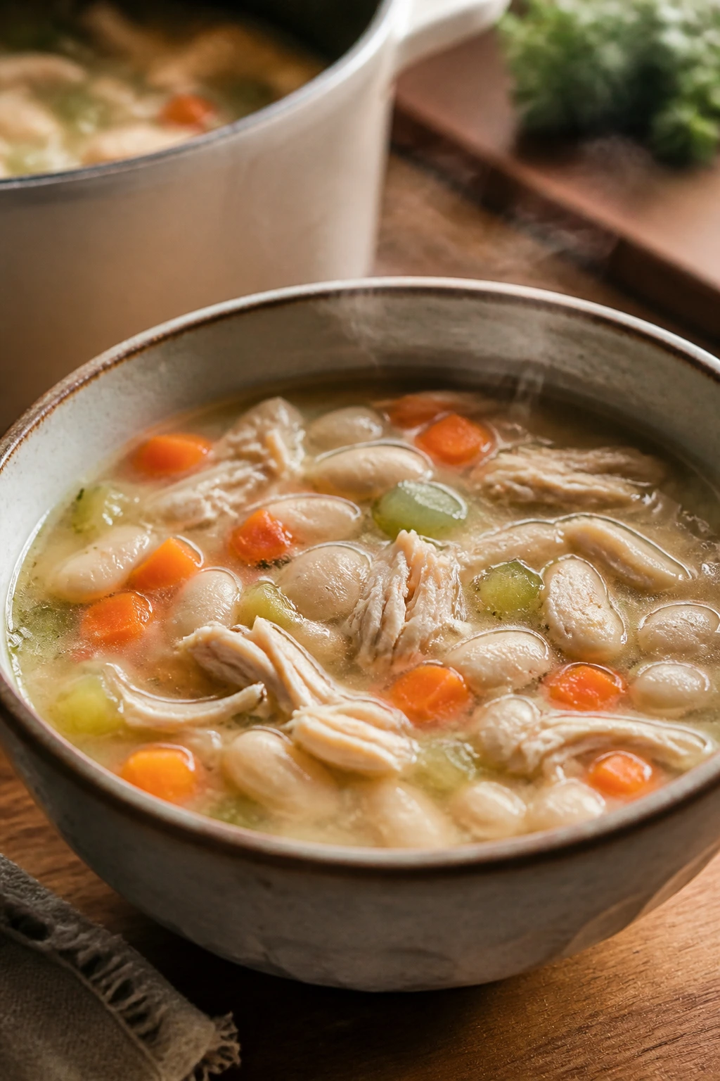 Close-up of Great Northern Bean and Turkey Soup with shredded turkey in pale broth